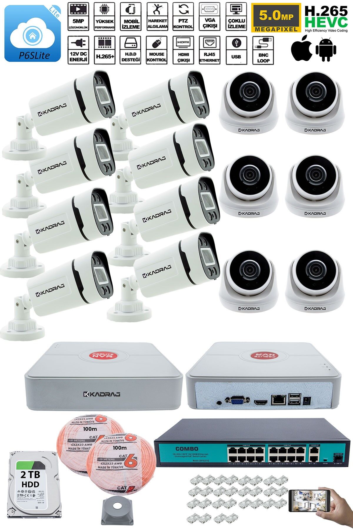 IP Güvenlik Kamera Seti - 6 İç Mekan IP Kamera, 8 Dış Mekan IP Kamera, 2TB H.D.D, 16 Kanal NVR