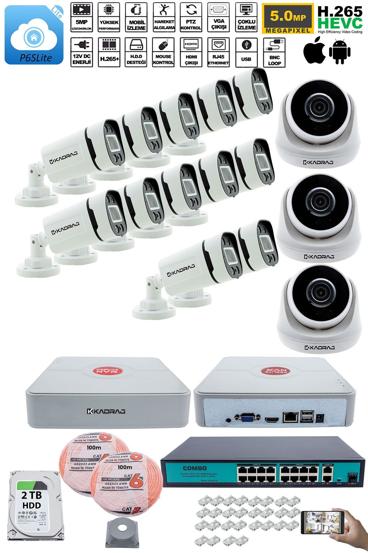 IP Güvenlik Kamera Seti - 3 İç Mekan IP Kamera, 12 Dış Mekan IP Kamera, 2TB H.D.D, 16 Kanal NVR,