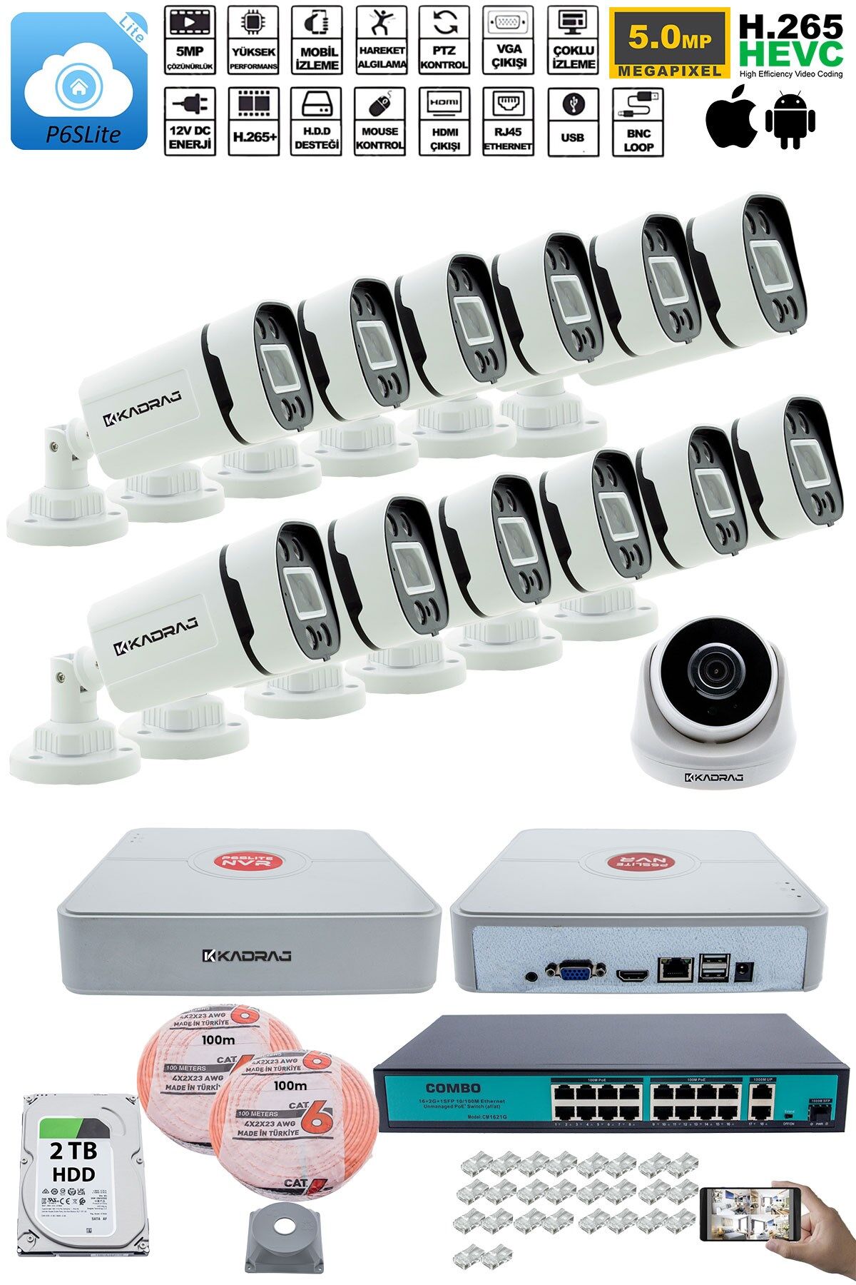 IP Güvenlik Kamera Seti - 1 İç Mekan IP Kamera, 12 Dış Mekan IP Kamera, 2TB H.D.D, 16 Kanal NVR