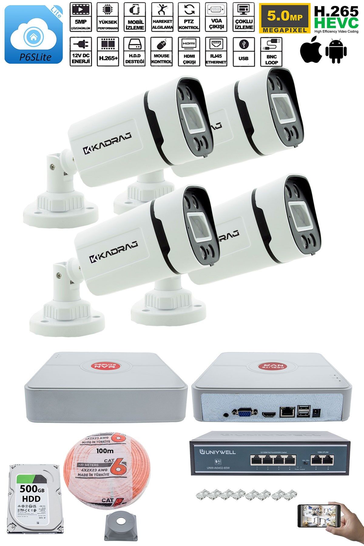 4'lü Güvenlik IP Kamera Seti - 4MP Dış Mekan Kamera, 3.6mm Lens, H.265, PoE, Warm IR Gece Görüşü,