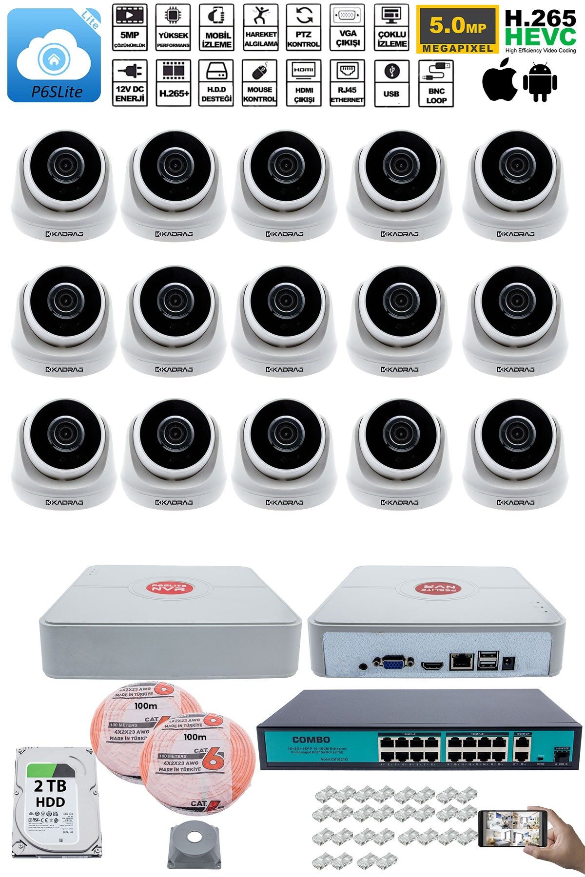 15 Kameralı IP Dome Güvenlik Kamerası Seti | 4MP Ultra HD, 30m Gece Görüş, Ses Alma, 2TB H.D.D