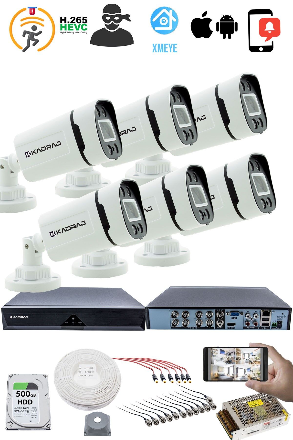 6 Kameralı Set 5MP Sony SecuLensli 1080P, 4 Warm LED, Gece Renkli, AHD Güvenlik Kamerası Seti
