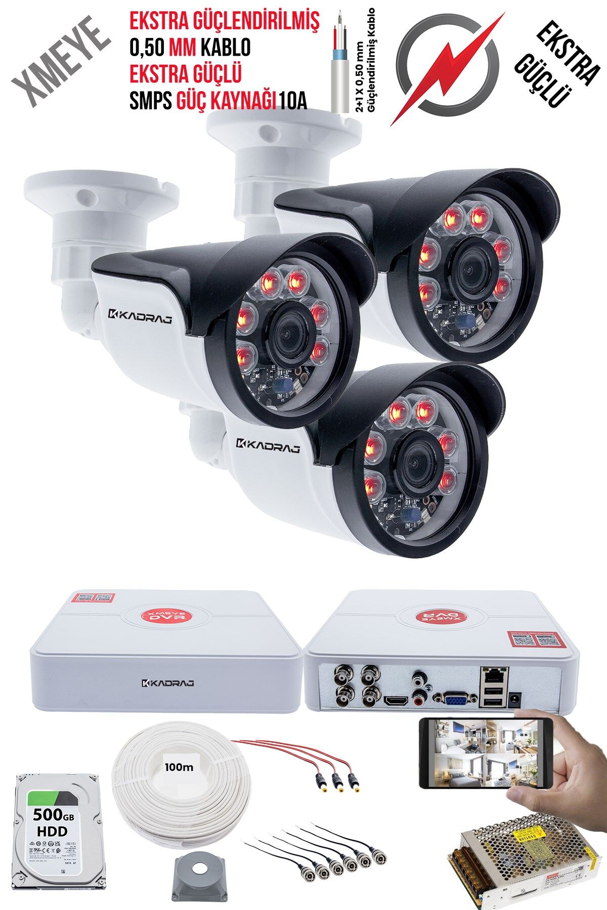 3 Kameralı Güvenlik Kamera Seti - Ekstra Uzun Mesafeli Güçlü, 5MP Sony Lens, 6 Atom LED, 500GB H.D.D