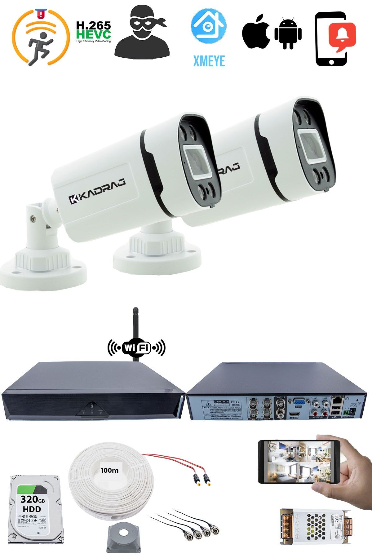 2 Kameralı Güvenlik Seti 5MP Sony SecuLens, 1080p Full HD AHD, 4 Warm LED, Gece Renkli,WiFi Adaptörü