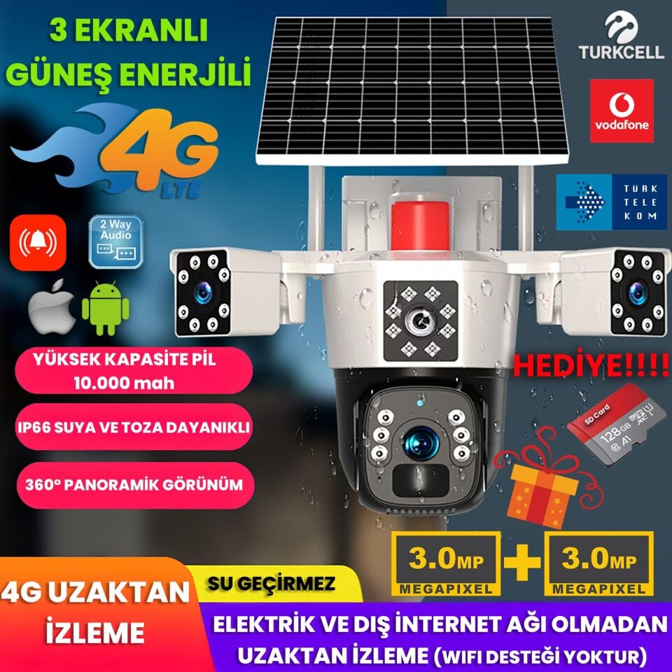 Solar Güvenlik Kamerası | Güneş Panelli |  Çift Lensli | 4G SIM Kart | 10.000mAh | 6MP