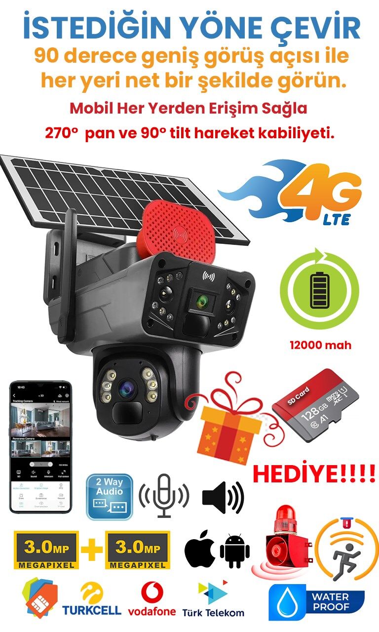 4G, 6MP Çift Lensli PTZ Güvenlik Kamerası – Hareket Algılama  128 GB SD Kart Hediyeli