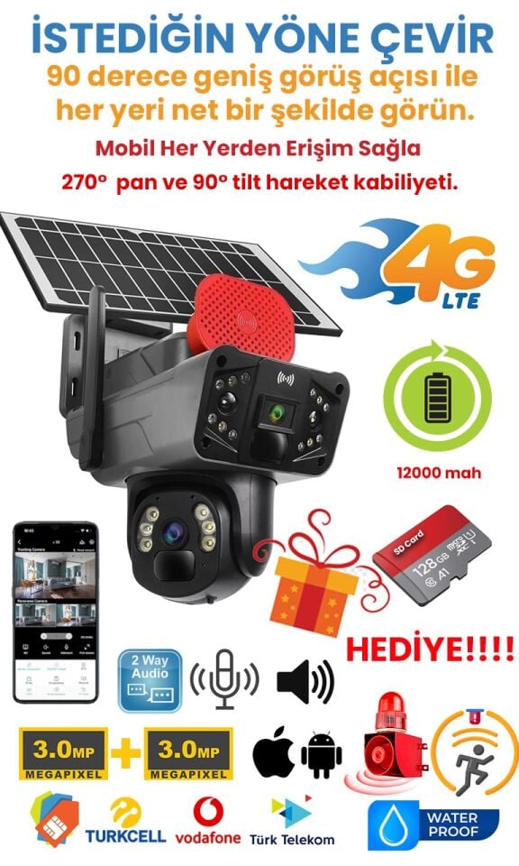4G, 6MP Çift Lensli PTZ Güvenlik Kamerası – Hareket Algılama  128 GB SD Kart Hediyeli