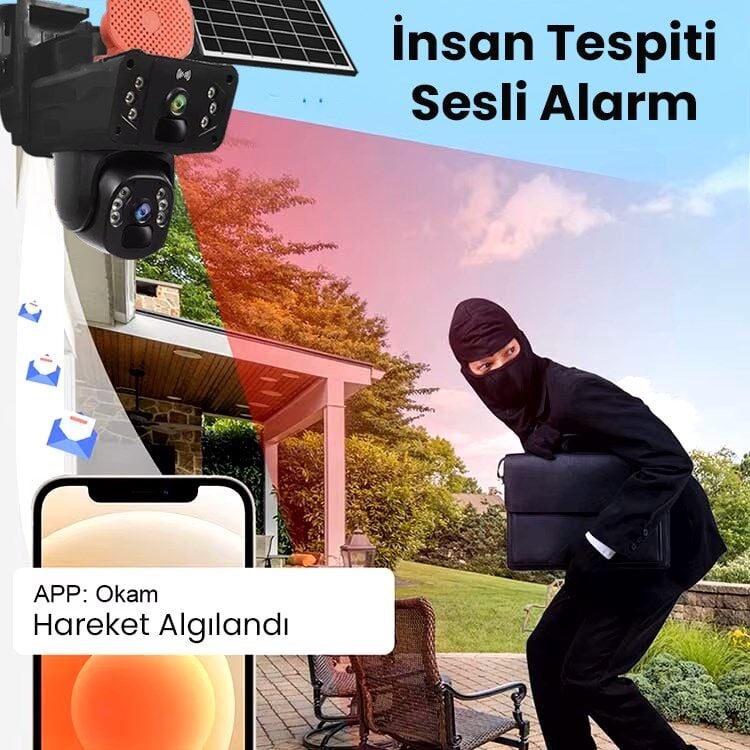 4G, 6MP Çift Lensli PTZ Güvenlik Kamerası – Hareket Algılama  128 GB SD Kart Hediyeli