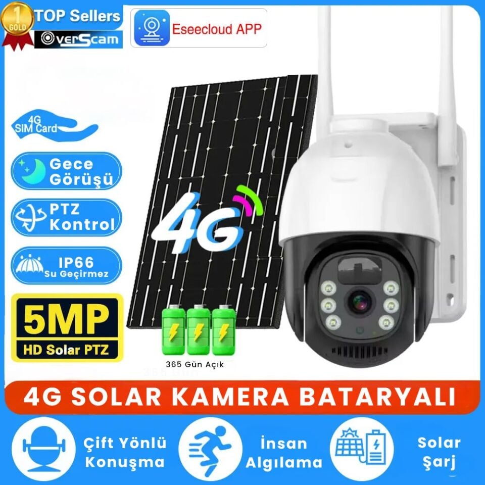 5MP 4G SIM Kartlı Güneş Şarjlı Kablosuz Güvenlik Dome IP Kamera - PIR, Renkli Gece Görüşlü