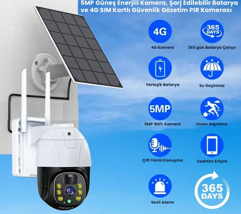 5MP 4G SIM Kartlı Güneş Şarjlı Kablosuz Güvenlik Dome IP Kamera - PIR, Renkli Gece Görüşlü