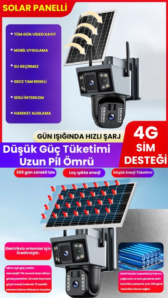 SIM Kartlı | Güneş Enerjili | 6MP | Hareket Algılama | Mobil Bildirim Gece Renkli Güvenlik Kamerası