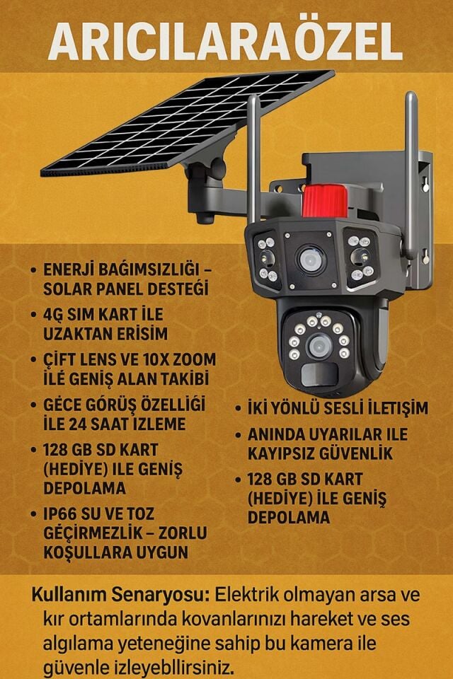 Arıcılara Özel Solar Kamera - Güneş Panelli Kamera, Sim Kartlı Kamera, Alarm,İki Yönlü Konuşma,