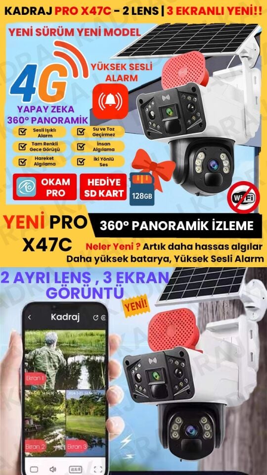 Sim Kartlı Güvenlik Kamerası, Solar Panelli Kamera, 4G  X47C PRO 3  EKRANLI Solar Kamera
