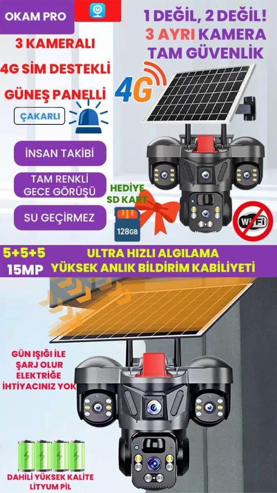 15MP 3 Kameralı Sim Kartlı Kamera Solar Panelli Kamera İnsan Algılama Hareket Takibi, Sesli Çakarlı