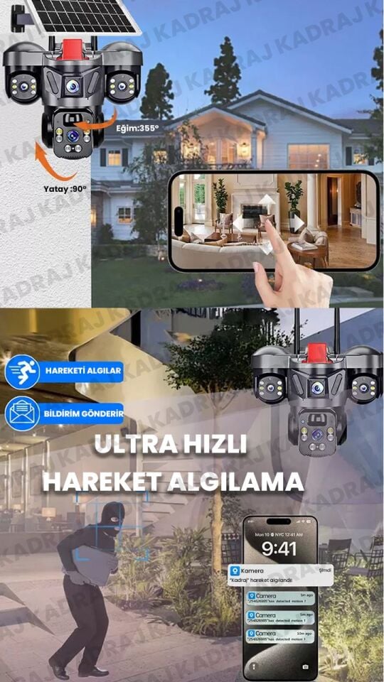 15MP 3 Kameralı Sim Kartlı Kamera Solar Panelli Kamera İnsan Algılama Hareket Takibi, Sesli Çakarlı