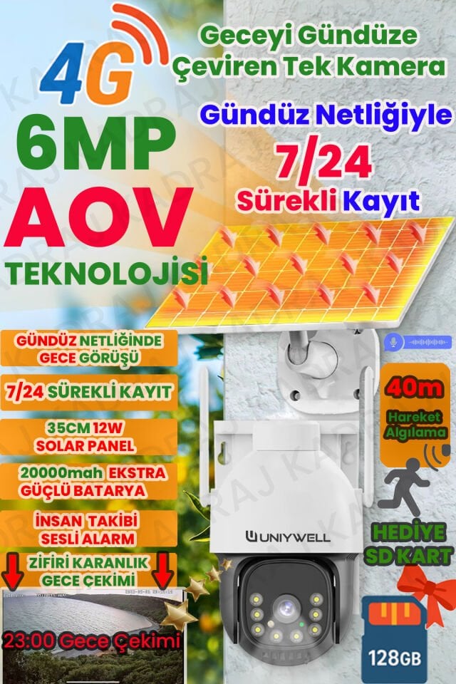 6MP AOV Solar Panelli 4G e-SIM Güvenlik Kamerası – 20000mAh Batarya, 7/24 Sürekli Renkli Kayıt