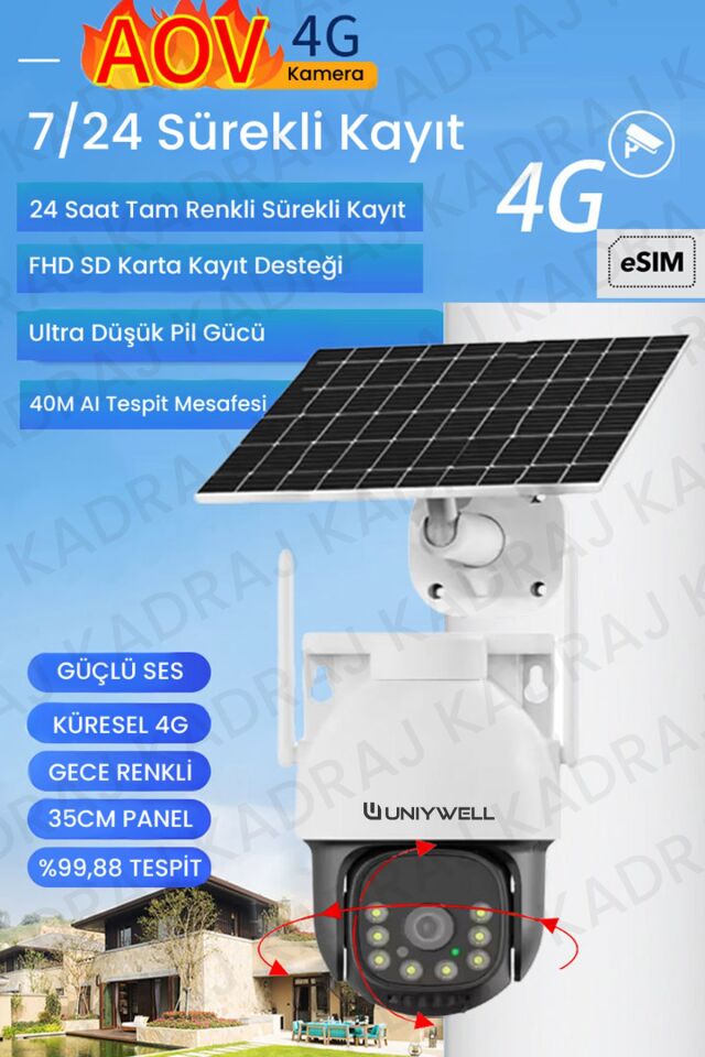 6MP AOV Solar Panelli 4G e-SIM Güvenlik Kamerası – 20000mAh Batarya, 7/24 Sürekli Renkli Kayıt