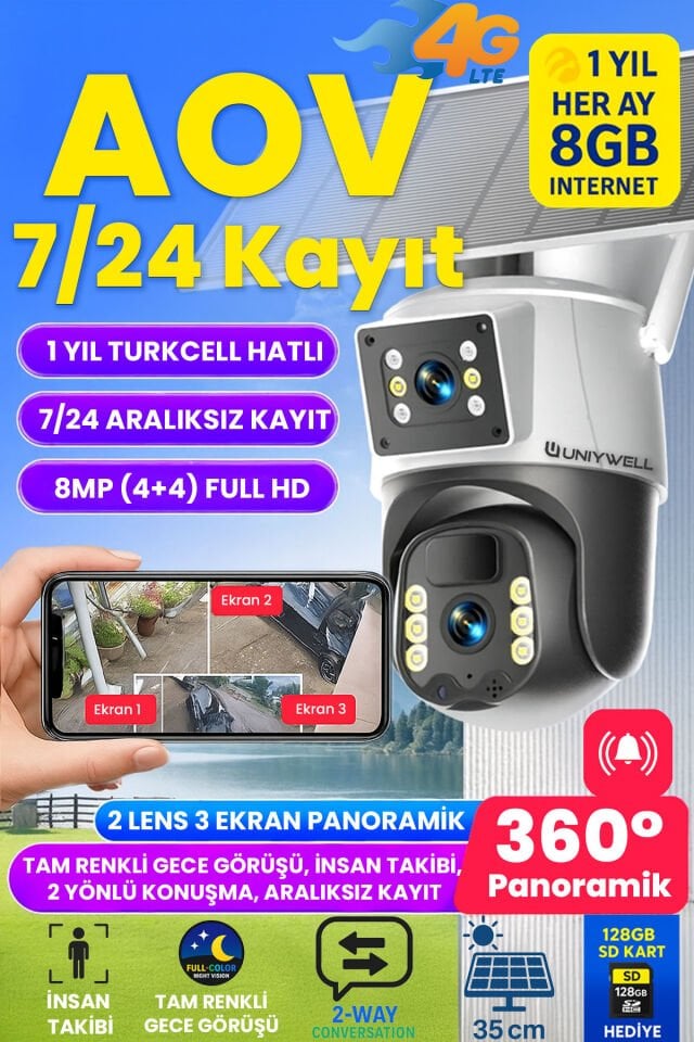 8MP 4G Sim Kartlı Güvenlik Kamerası, Solar Panelli, AOV Kesinsiz Kayıt, 1 YIL INTERNET, Oto Takip