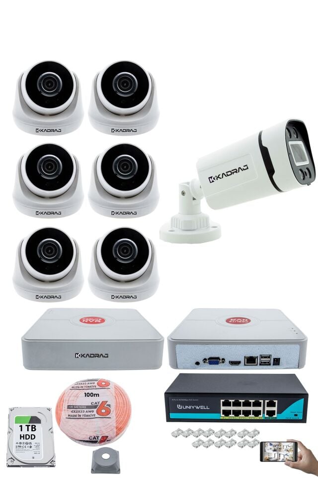 IP Güvenlik Kamera Seti - 6 İç Mekan IP Kamera, 1 Dış Mekan IP Kamera, 1TB H.D.D, 9 Kanal NVR