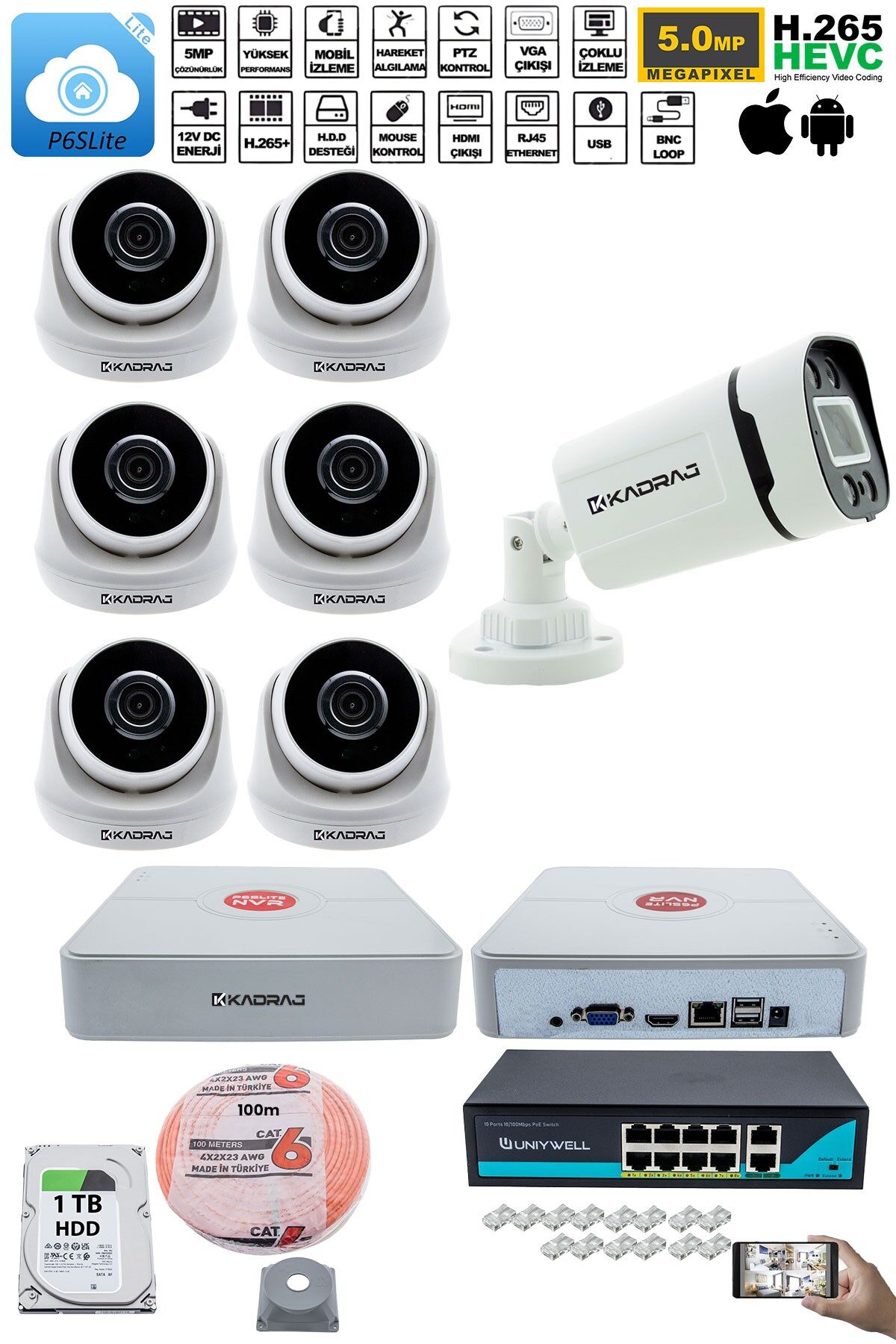 IP Güvenlik Kamera Seti - 6 İç Mekan IP Kamera, 1 Dış Mekan IP Kamera, 1TB H.D.D, 9 Kanal NVR