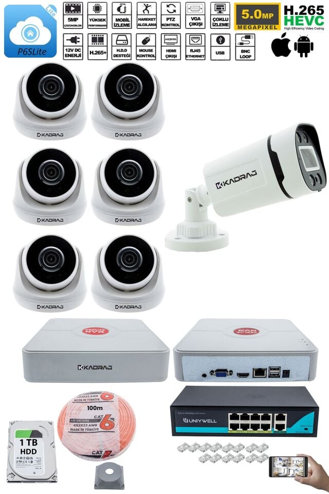 IP Güvenlik Kamera Seti - 6 İç Mekan IP Kamera, 1 Dış Mekan IP Kamera, 1TB H.D.D, 9 Kanal NVR