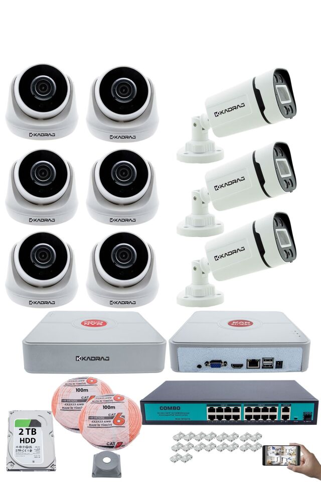 IP Güvenlik Kamera Seti - 6 İç Mekan IP Kamera, 3 Dış Mekan IP Kamera, 2TB H.D.D, 16 Kanal NVR,