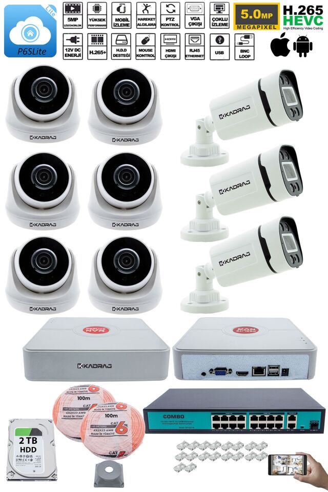 IP Güvenlik Kamera Seti - 6 İç Mekan IP Kamera, 3 Dış Mekan IP Kamera, 2TB H.D.D, 16 Kanal NVR,