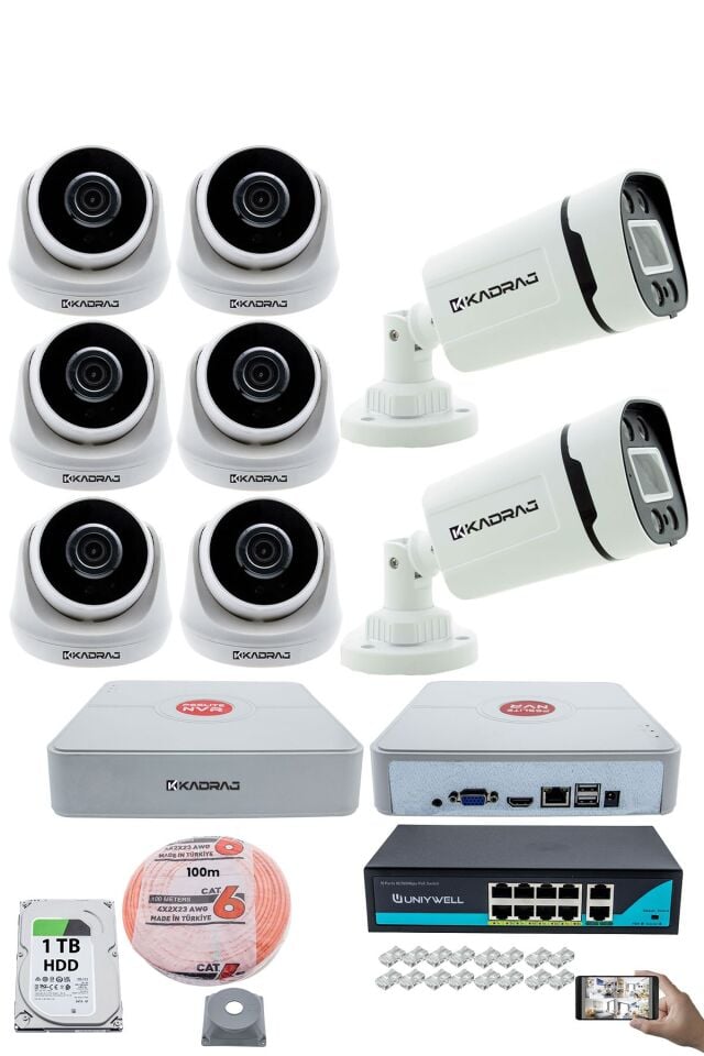 IP Güvenlik Kamera Seti - 6 İç Mekan IP Kamera, 2 Dış Mekan IP Kamera, 1TB H.D.D, 9 Kanal NVR