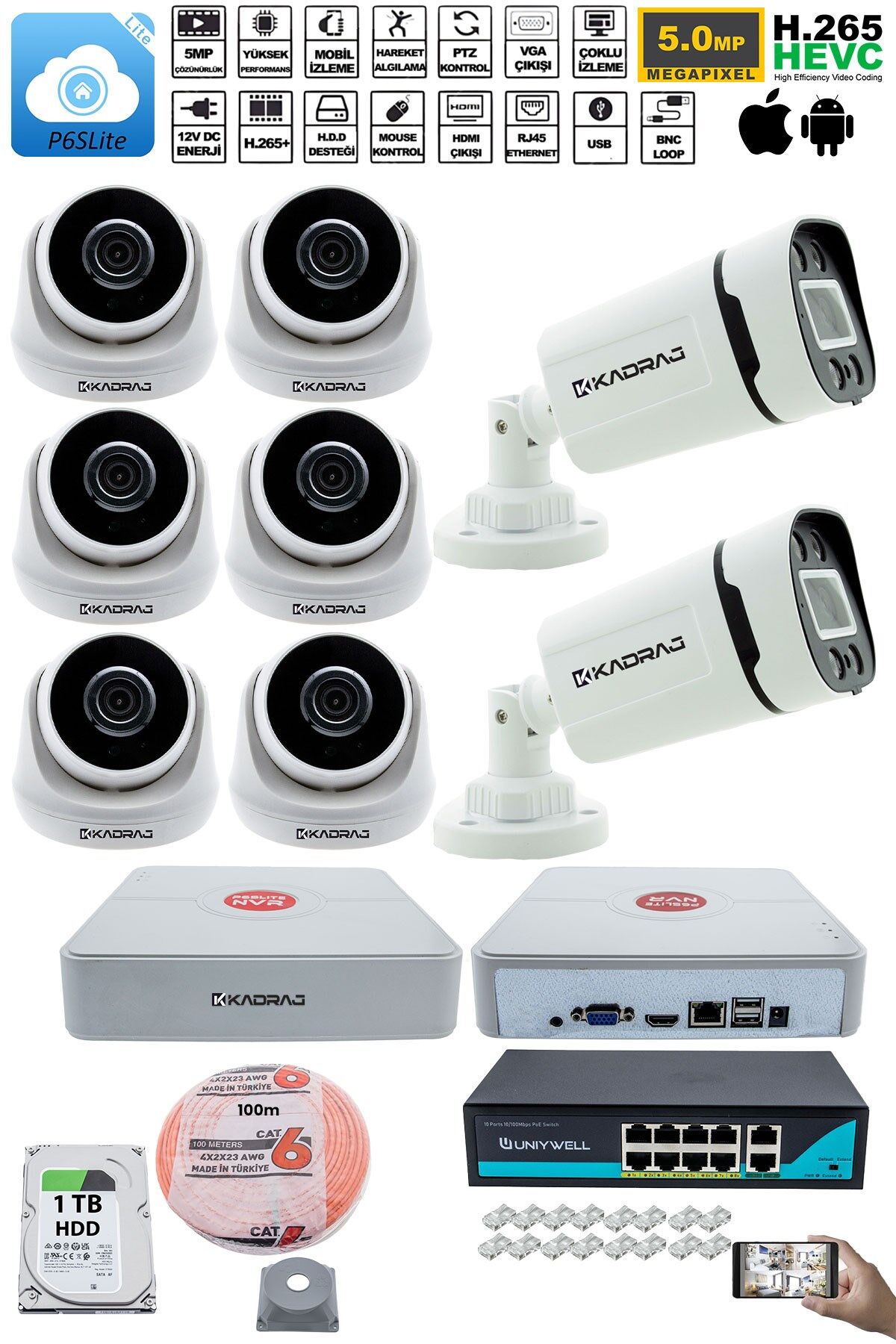 IP Güvenlik Kamera Seti - 6 İç Mekan IP Kamera, 2 Dış Mekan IP Kamera, 1TB H.D.D, 9 Kanal NVR