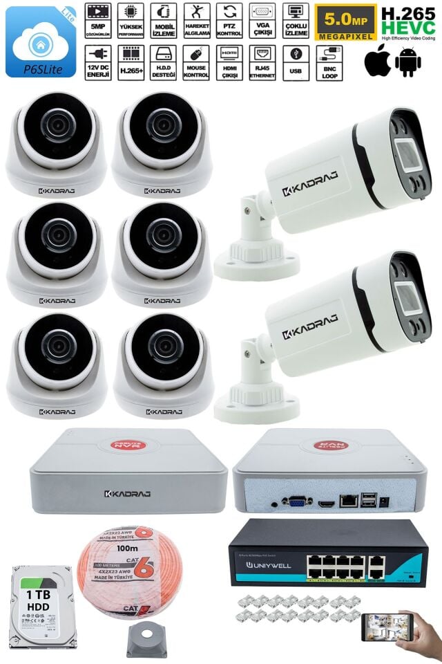 IP Güvenlik Kamera Seti - 6 İç Mekan IP Kamera, 2 Dış Mekan IP Kamera, 1TB H.D.D, 9 Kanal NVR
