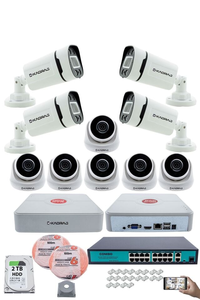 IP Güvenlik Kamera Seti - 6 İç Mekan IP Kamera, 4 Dış Mekan IP Kamera, 2TB H.D.D, 16 Kanal NVR,