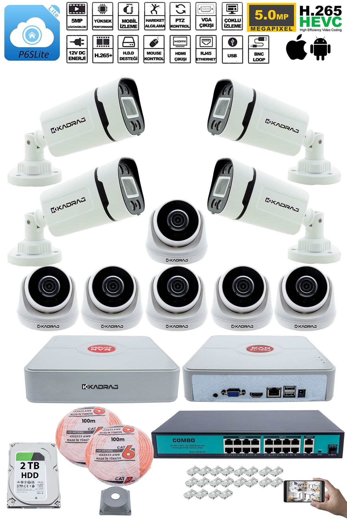 IP Güvenlik Kamera Seti - 6 İç Mekan IP Kamera, 4 Dış Mekan IP Kamera, 2TB H.D.D, 16 Kanal NVR,