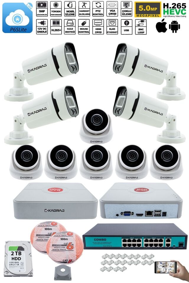 IP Güvenlik Kamera Seti - 6 İç Mekan IP Kamera, 4 Dış Mekan IP Kamera, 2TB H.D.D, 16 Kanal NVR,