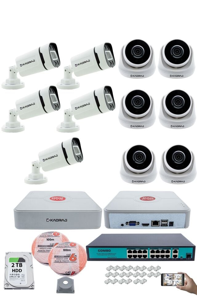 IP Güvenlik Kamera Seti - 6 İç Mekan IP Kamera, 5 Dış Mekan IP Kamera, 2TB H.D.D, 16 Kanal NVR,
