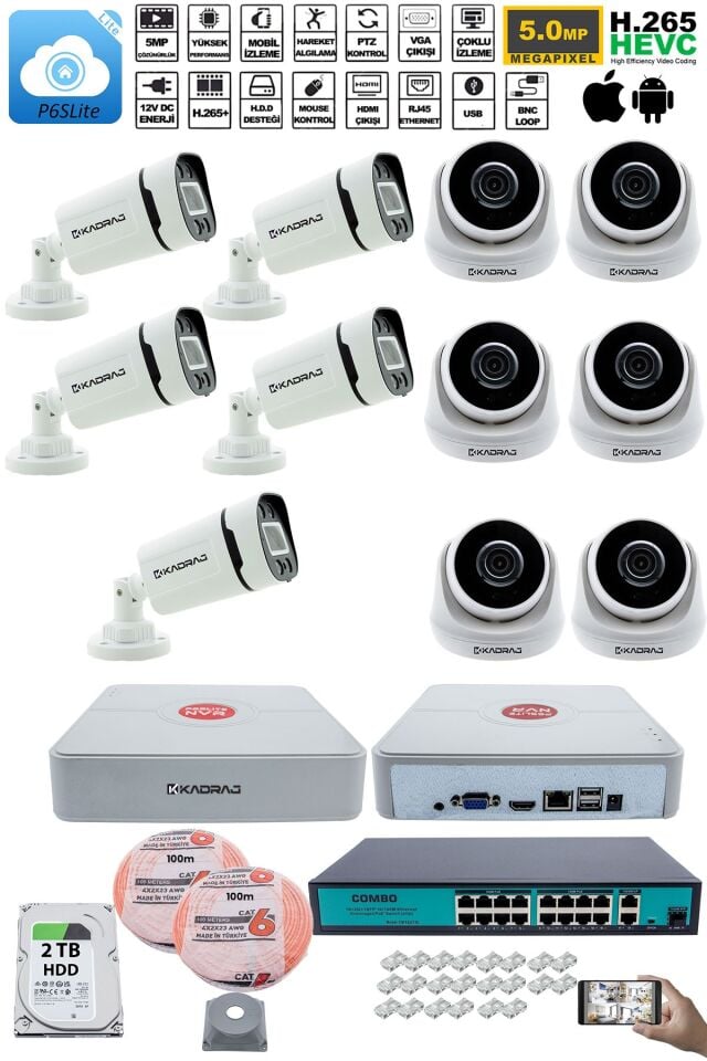 IP Güvenlik Kamera Seti - 6 İç Mekan IP Kamera, 5 Dış Mekan IP Kamera, 2TB H.D.D, 16 Kanal NVR,