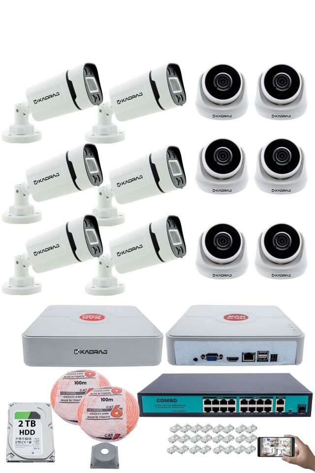 IP Güvenlik Kamera Seti - 6 İç Mekan IP Kamera, 6 Dış Mekan IP Kamera, 2TB H.D.D, 16 Kanal NVR,