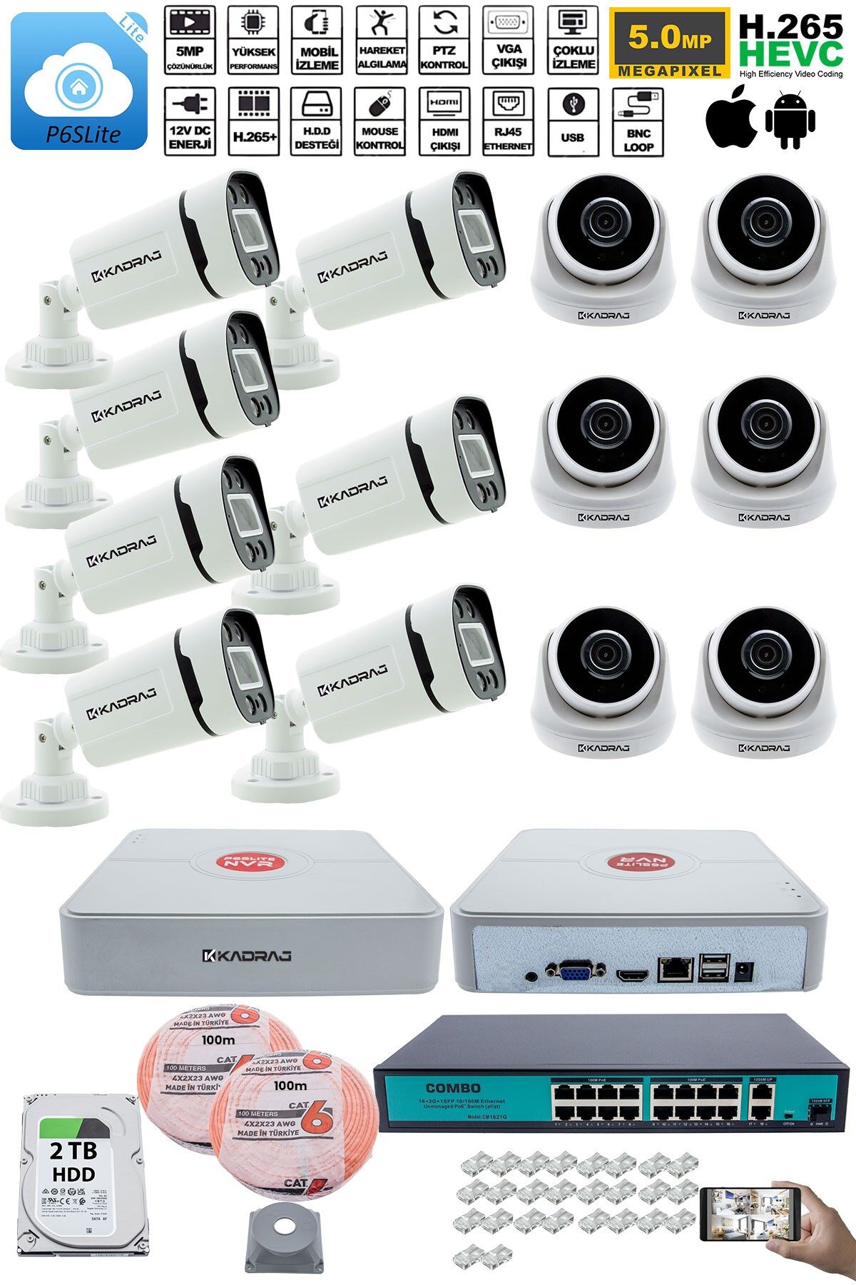 IP Güvenlik Kamera Seti - 6 İç Mekan IP Kamera, 7 Dış Mekan IP Kamera, 2TB H.D.D, 16 Kanal NVR