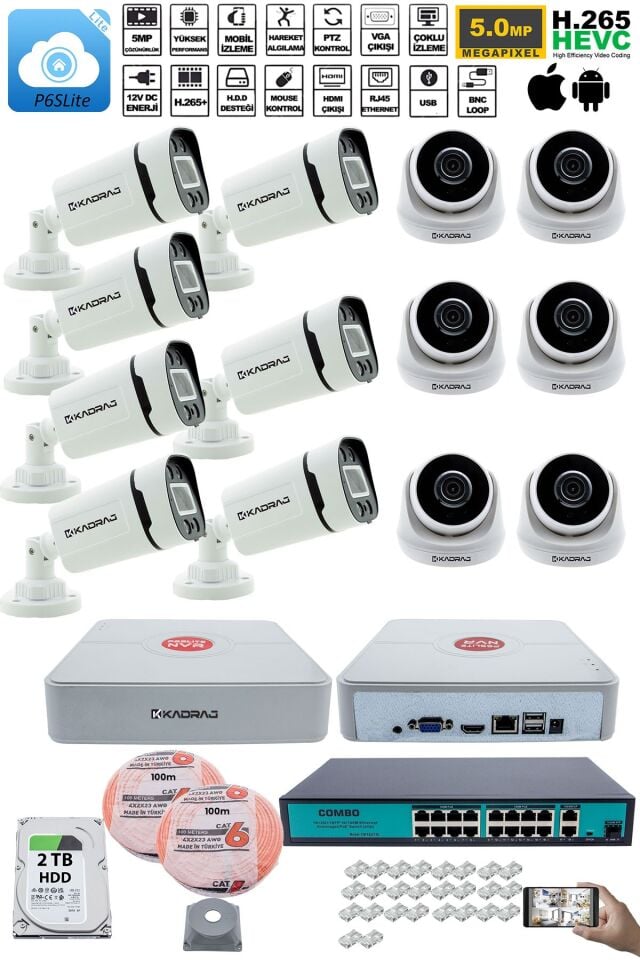 IP Güvenlik Kamera Seti - 6 İç Mekan IP Kamera, 7 Dış Mekan IP Kamera, 2TB H.D.D, 16 Kanal NVR
