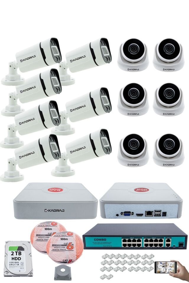 IP Güvenlik Kamera Seti - 6 İç Mekan IP Kamera, 7 Dış Mekan IP Kamera, 2TB H.D.D, 16 Kanal NVR