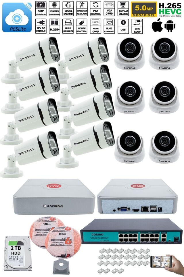IP Güvenlik Kamera Seti - 6 İç Mekan IP Kamera, 8 Dış Mekan IP Kamera, 2TB H.D.D, 16 Kanal NVR