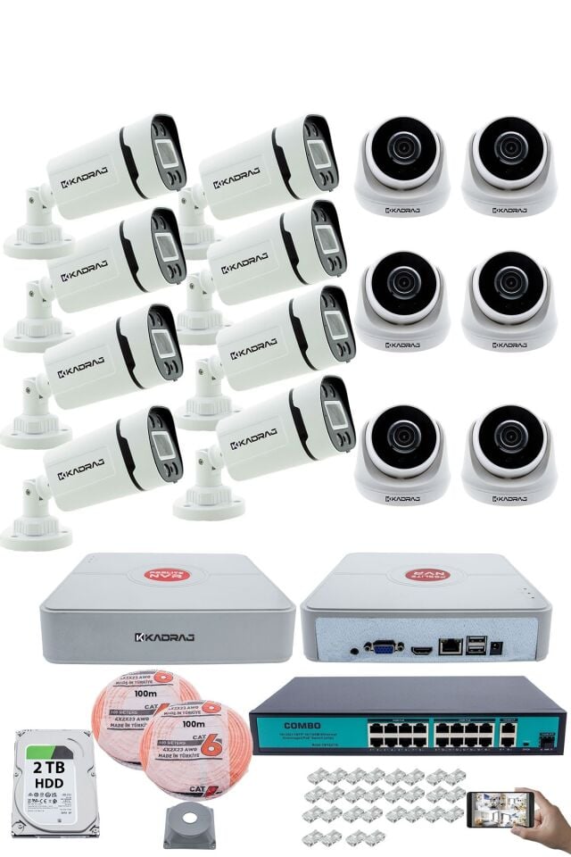 IP Güvenlik Kamera Seti - 6 İç Mekan IP Kamera, 8 Dış Mekan IP Kamera, 2TB H.D.D, 16 Kanal NVR