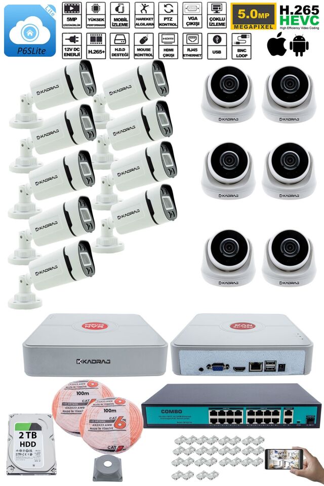IP Güvenlik Kamera Seti - 6 İç Mekan IP Kamera, 9 Dış Mekan IP Kamera, 2TB H.D.D, 16 Kanal NVR,