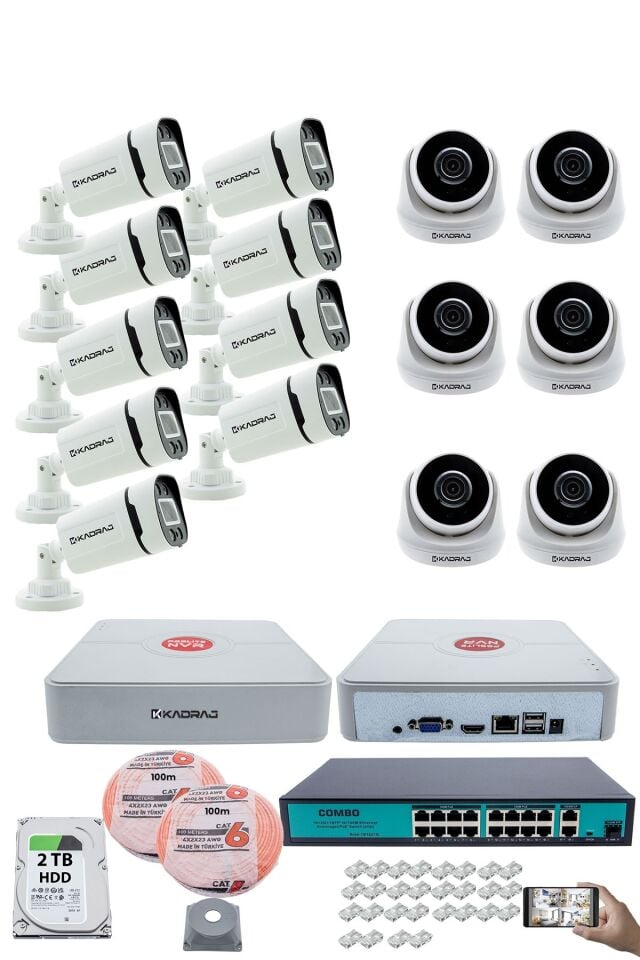 IP Güvenlik Kamera Seti - 6 İç Mekan IP Kamera, 9 Dış Mekan IP Kamera, 2TB H.D.D, 16 Kanal NVR,