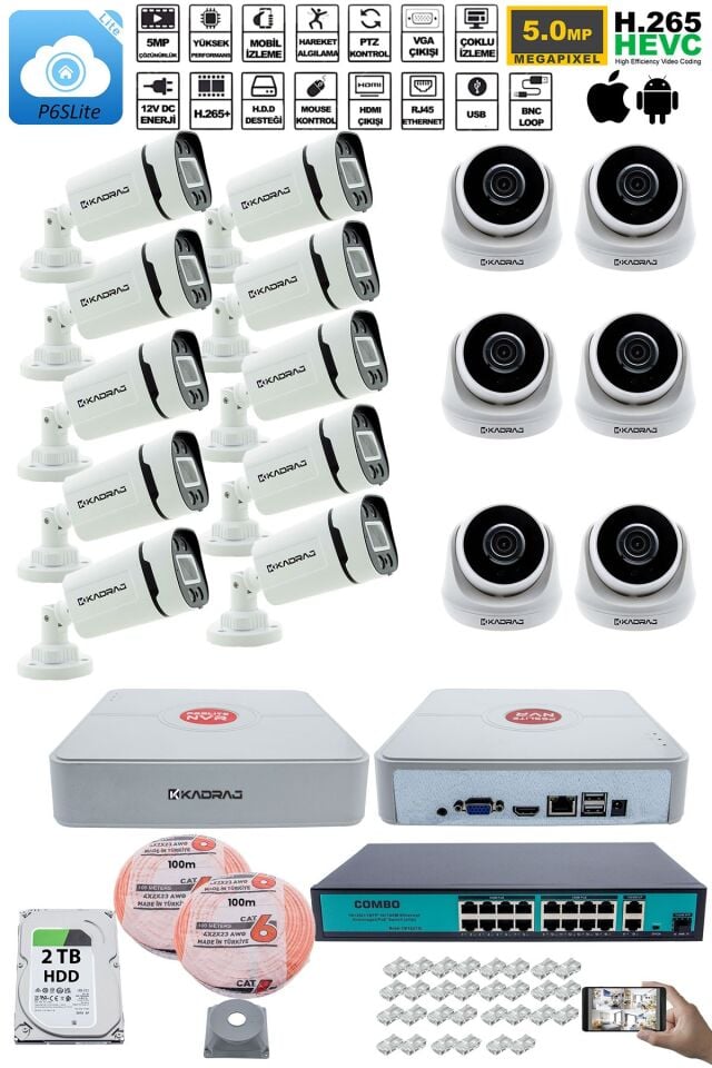 IP Güvenlik Kamera Seti - 6 İç Mekan IP Kamera, 10 Dış Mekan IP Kamera, 2TB H.D.D, 16 Kanal NVR,