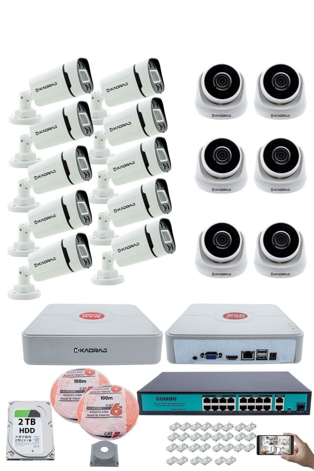 IP Güvenlik Kamera Seti - 6 İç Mekan IP Kamera, 10 Dış Mekan IP Kamera, 2TB H.D.D, 16 Kanal NVR,