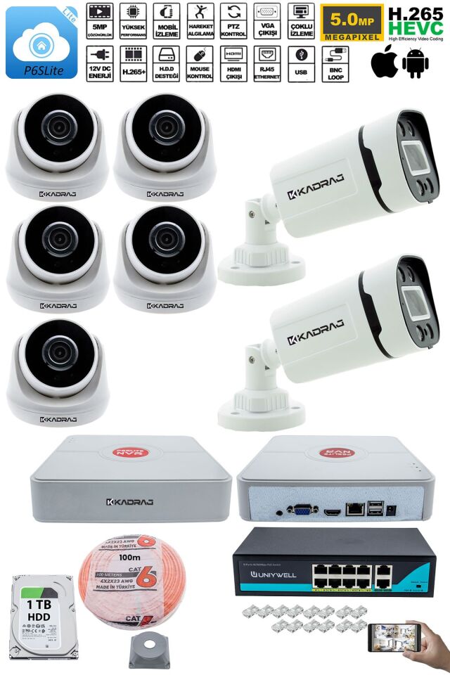 IP Güvenlik Kamera Seti - 5 İç Mekan IP Kamera, 2 Dış Mekan IP Kamera, 1TB H.D.D, 9 Kanal NVR