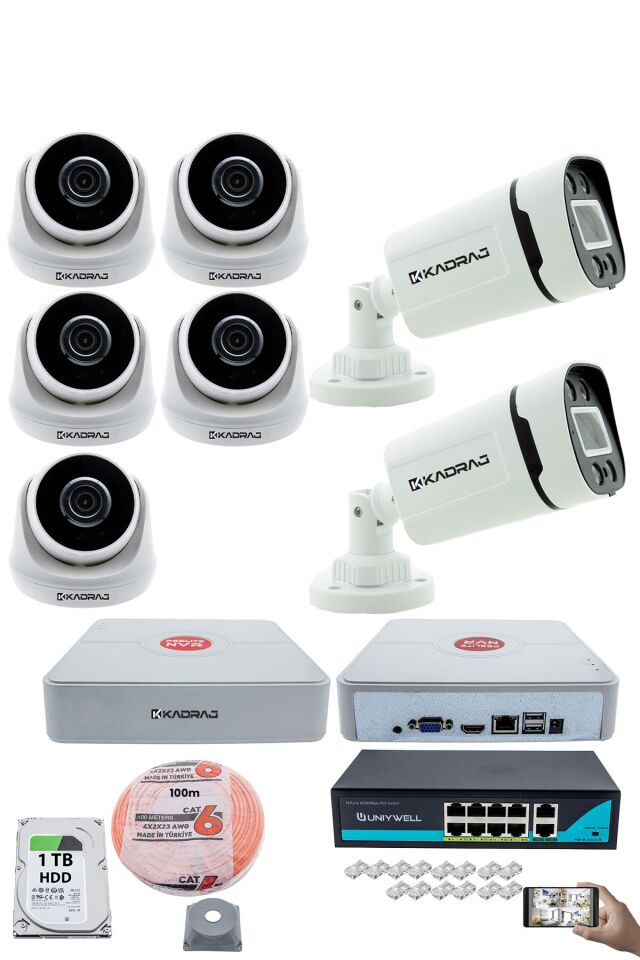 IP Güvenlik Kamera Seti - 5 İç Mekan IP Kamera, 2 Dış Mekan IP Kamera, 1TB H.D.D, 9 Kanal NVR