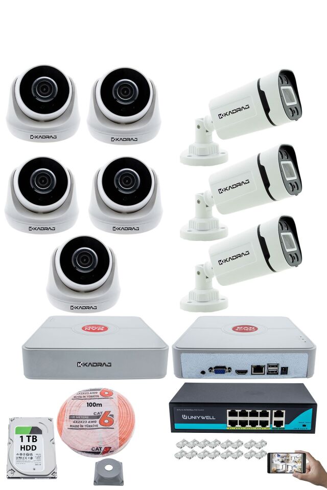 IP Güvenlik Kamera Seti - 5 İç Mekan IP Kamera, 3 Dış Mekan IP Kamera, 1TB H.D.D, 9 Kanal NVR,