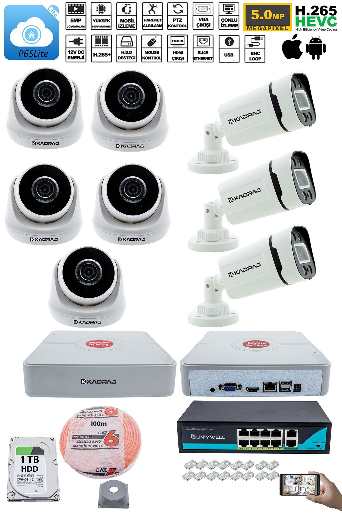 IP Güvenlik Kamera Seti - 5 İç Mekan IP Kamera, 3 Dış Mekan IP Kamera, 1TB H.D.D, 9 Kanal NVR,