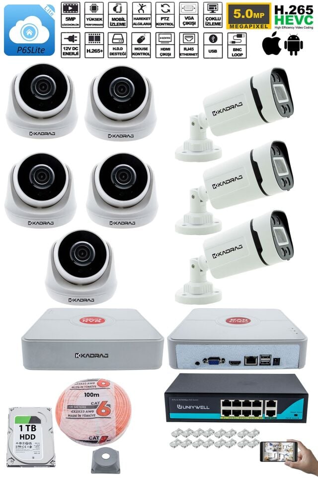IP Güvenlik Kamera Seti - 5 İç Mekan IP Kamera, 3 Dış Mekan IP Kamera, 1TB H.D.D, 9 Kanal NVR,